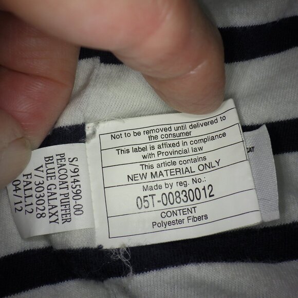 Baby GAP Unisex Navy Blue Striped Lining Peacoat Puffer Coat Sailor 0-6 Months - Picture 6 of 8